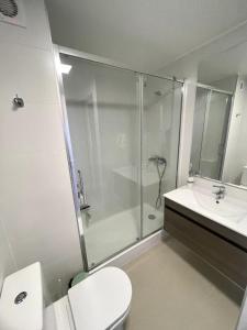 La salle de bains est pourvue d'une douche, de toilettes et d'un lavabo. dans l'établissement Confortable y Centrico Depto Papudo, à Papudo