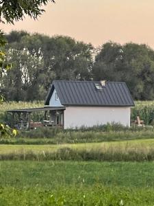 una casa blanca con un techo negro en un campo en Domek w Polu, en Burbiski