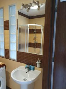 a bathroom with a sink and a mirror at Mały domek kawalerka in Starachowice +31 photos