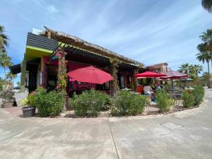 a restaurant with red umbrellas in front of it at Casa Patricia in Loreto
