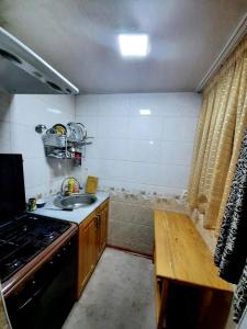 uma pequena cozinha com um lavatório e um fogão em Place to stay em Samarkand