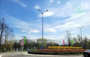 a street light on the side of a road at Apartament Parkowy przy Stadionie Śląskim Katowice Chorzów in Chorzów