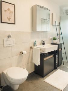 NOVA Romantic Luxus Relax Apartments mit Sauna, Nürburgring, Adenauer Forst في آدناو: حمام مع مرحاض ومغسلة