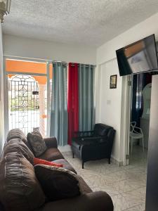 a living room with a couch and a television at Remarkable 1-Bed Apartment in Montego Bay in Montego Bay