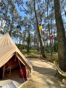 Tente Indiana Pins - La Téouleyre في سان جوليان-أون-بورن: خيمة فيها كرسي وشجرة