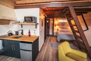 a room with a bunk bed and a kitchen with a sink at Artbliss Hotel in Stevenson