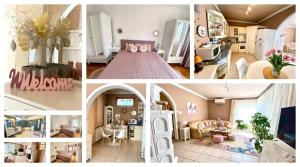 un collage de cuatro fotos de una sala de estar en Do-Ti Apartmanház Balatonlelle, en Balatonlelle