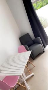 uma sala de estar com uma cadeira rosa e um sofá em Apartment Curacao em Willemstad