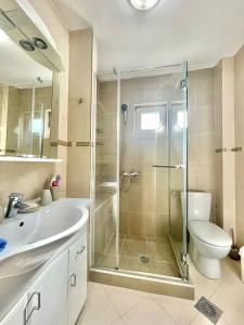 a bathroom with a shower and a sink and a toilet at Family One bedroom apartment with Garden view in Budva