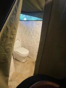 a bathroom with a toilet and a shower curtain at Double Tent - Dolly Farm & River Camp in Usa River