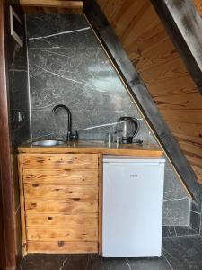 uma cozinha com um lavatório e um frigorífico num quarto em Nirvana dağ evleri em Çamlıhemşin