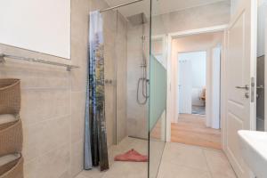 a bathroom with a shower with a glass door at Ferienhaus "Reet-Traum" in Zirchow +9 photos