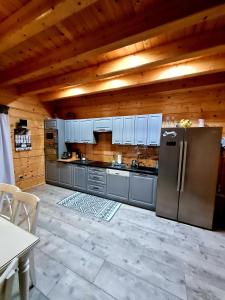 a kitchen with stainless steel appliances and wooden walls at Gorczańska Chata z tarasem widokowym in Poręba Wielka