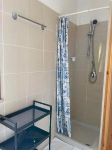 Un baño con ducha con cortina de ducha. en Villa Timo, en SantʼAnna Arresi