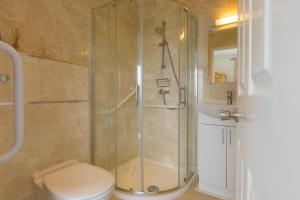 a bathroom with a shower with a toilet and a sink at Ocean Air in Carbis Bay +22 photos