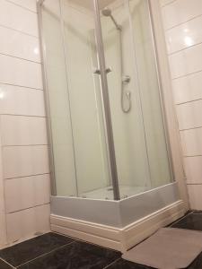 una doccia con porta in vetro in bagno di St junien n:2 a Saint-Junien