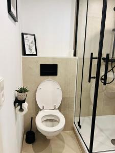 a bathroom with a toilet with a glass shower stall at Ferienwohnung Schwarzwald Lodge in Schömberg