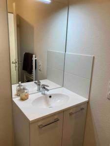 een badkamer met een witte wastafel en een spiegel bij ** Studio cosy La Rochelle quartier des Minimes ** in La Rochelle