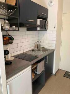 uma cozinha com um lavatório e uma bancada em ** Studio cosy La Rochelle quartier des Minimes ** em La Rochelle