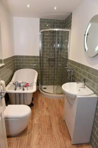 a bathroom with a shower toilet and a sink at Orchard Cottage, Pwllheli, North Wales in Pwllheli