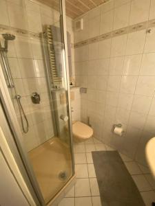 uma casa de banho com um chuveiro e um WC. em Valeria 26 Bosau am großen Plöner See em Bosau