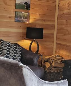 a living room with a couch and a flat screen tv at Wye Valley Cabin in Upper Welson