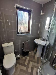 baño con aseo y lavabo y ventana en Ballywalter Beach House en Ballywalter