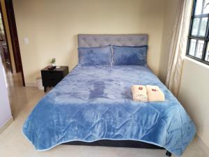 Una cama azul con dos toallas encima. en Hospedaje Casa Blanca, en Guatavita