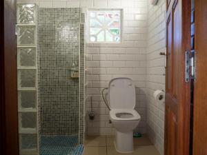 a bathroom with a toilet and a glass shower at La petite Maison Bakov’ in Montjoly