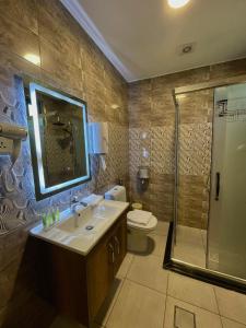 a bathroom with a sink and a shower and a toilet at Fragrant Rose in Wadi Musa