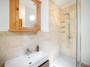 a bathroom with a sink and a shower at Derwen Deg Fawr in Llanfair-Dyffryn-Clwyd