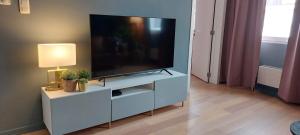 a living room with a large television on a cabinet at BnB Antwerp - BOUTIQUE in Antwerp
