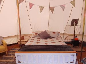 a bedroom with a bed in a tent at Chestnut Luxury emperor bell tent with log burner in Liverton