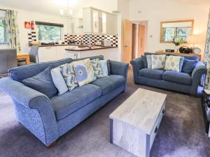 a living room with a blue couch and a table at Forest Pines Lodge in Bowness-on-Windermere