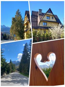 a collage of pictures of a house with a heart on a fence at Pensjonat Góraleczka-Kościelisko in Kościelisko