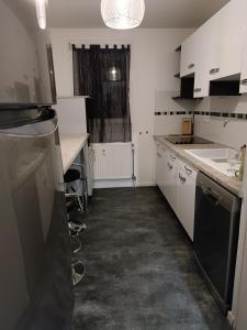 uma cozinha com armários brancos e uma máquina de lavar louça preta em Stylish 1-bedroom flat with beautiful terrace , for a cosy Retreat em Estrasburgo