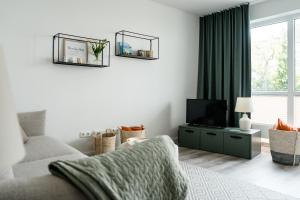 a living room with a couch and a tv at Fischtown Apartment II in Bremerhaven