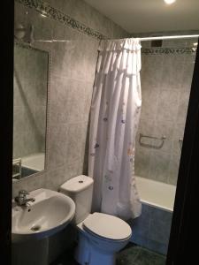 a bathroom with a toilet sink and a shower curtain at Apartamentos Palacio Bueño in Colunga
