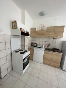 y cocina con fogones y nevera. en One bedroom apartment in great location, en Podgorica