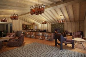 a rendering of a living room with a fireplace at Bluebird Cady Hill Lodge in Stowe