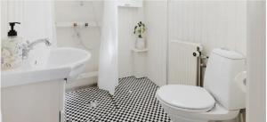 La salle de bains blanche est pourvue de toilettes et d'un lavabo. dans l'établissement Værelse i rolig villakvarter, central beliggenhed, à Odense