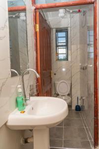 uma casa de banho com um lavatório e um WC em Pearl Suites and Hospitality em Bungoma