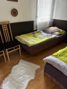 a bedroom with two beds and a chair and a rug at Chata na léto in Nespeky