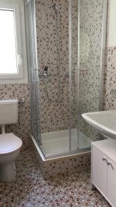 a bathroom with a shower and a toilet and a sink at Haus Atlantic Leukerbad in Leukerbad