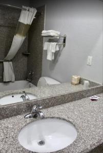 a bathroom counter with a sink and a mirror at Economy Inn in Ada