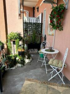 eine Terrasse mit einem Tisch, Stühlen und Pflanzen in der Unterkunft A casa di Bruna in Gorizia