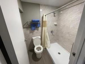 een badkamer met een toilet en een douche bij Starlite Motel in San Bernardino