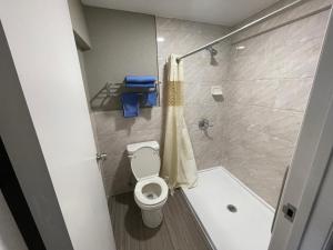 a bathroom with a toilet and a shower at Starlite Motel in San Bernardino