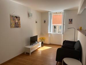 uma sala de estar com um sofá e uma televisão em Appartement Hyères - Centre ville 'Parcours des Arts' 1 chambre 2 personnes - Patricia em Hyères