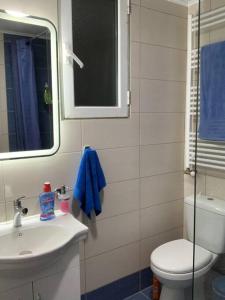 ein Badezimmer mit einem Waschbecken, einem WC und einem Spiegel in der Unterkunft Blue Flag Award Winning Beach: Home 2 in Vrontádos